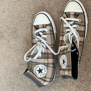Converse Women’s High-Top Sneakers - Tan and White Plaid